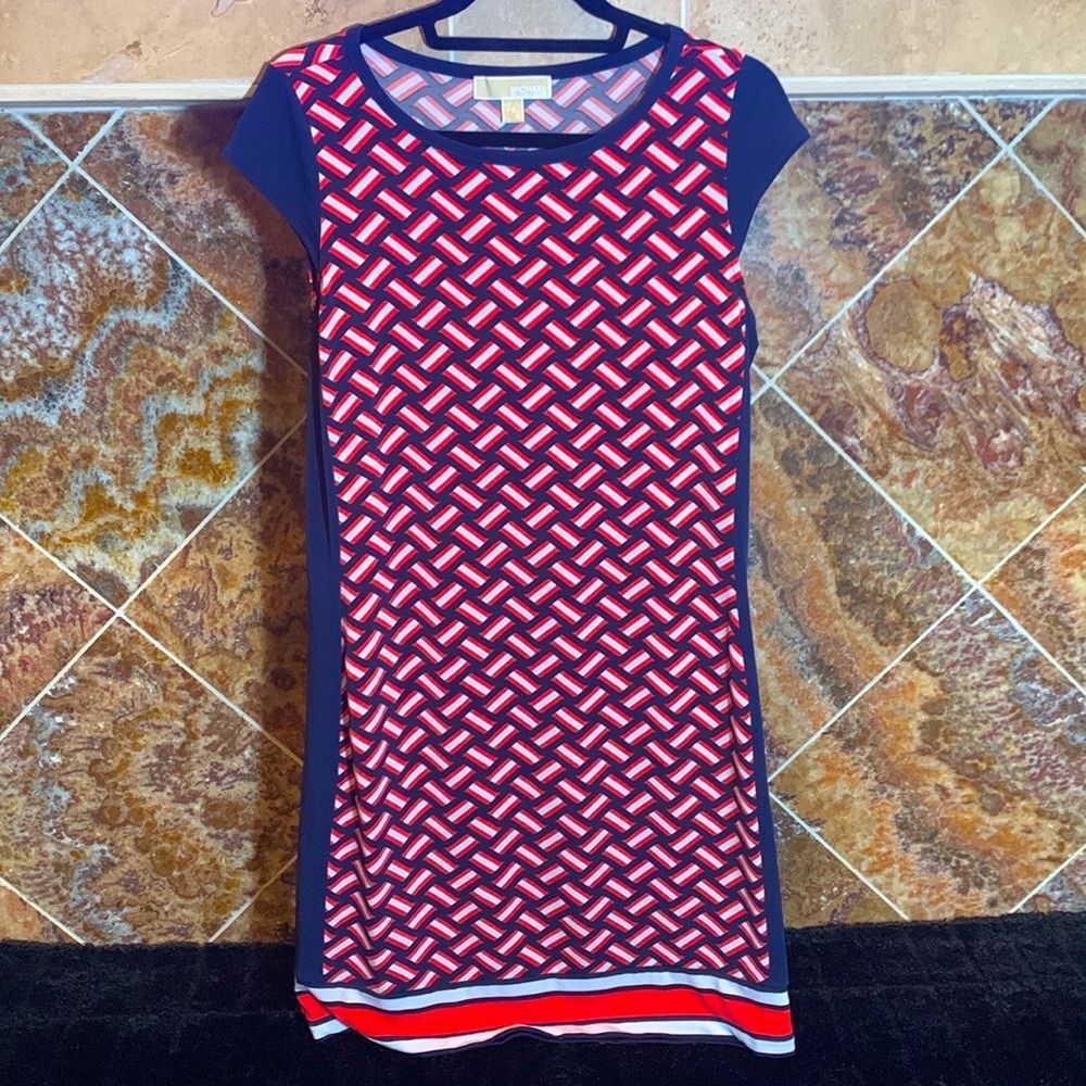 Michael Kors Womens Navy Red Geometric Colorblock Cap Sleeve Shift Dress Medium